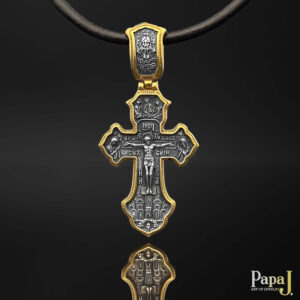 Двусторонний серебряный православный крест с молитвами и иконами