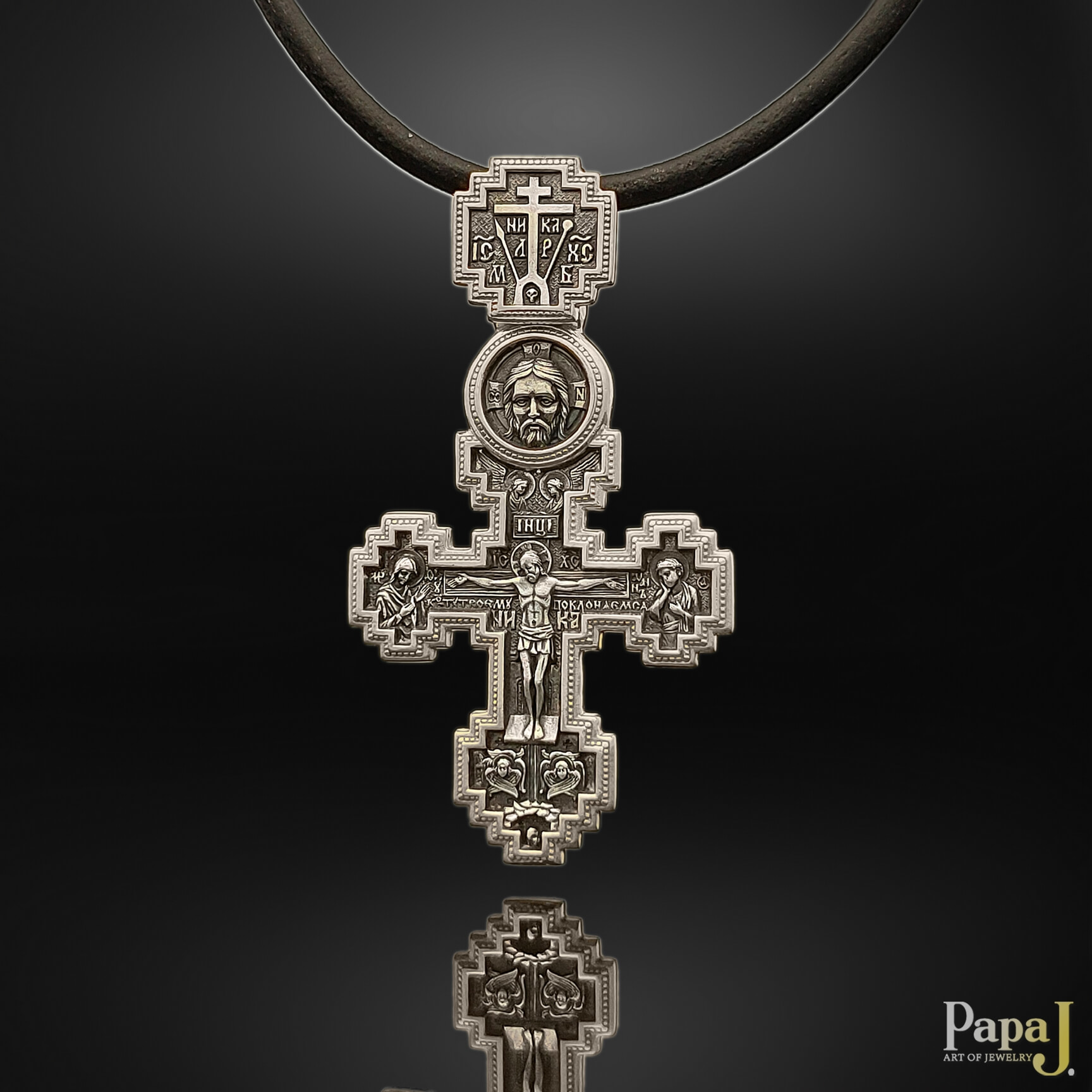 Серебряный православный крест с позолотой, Распятие Христово, Пресвятая Богородица, Иоанн Богослов, Спас Нерукотворный