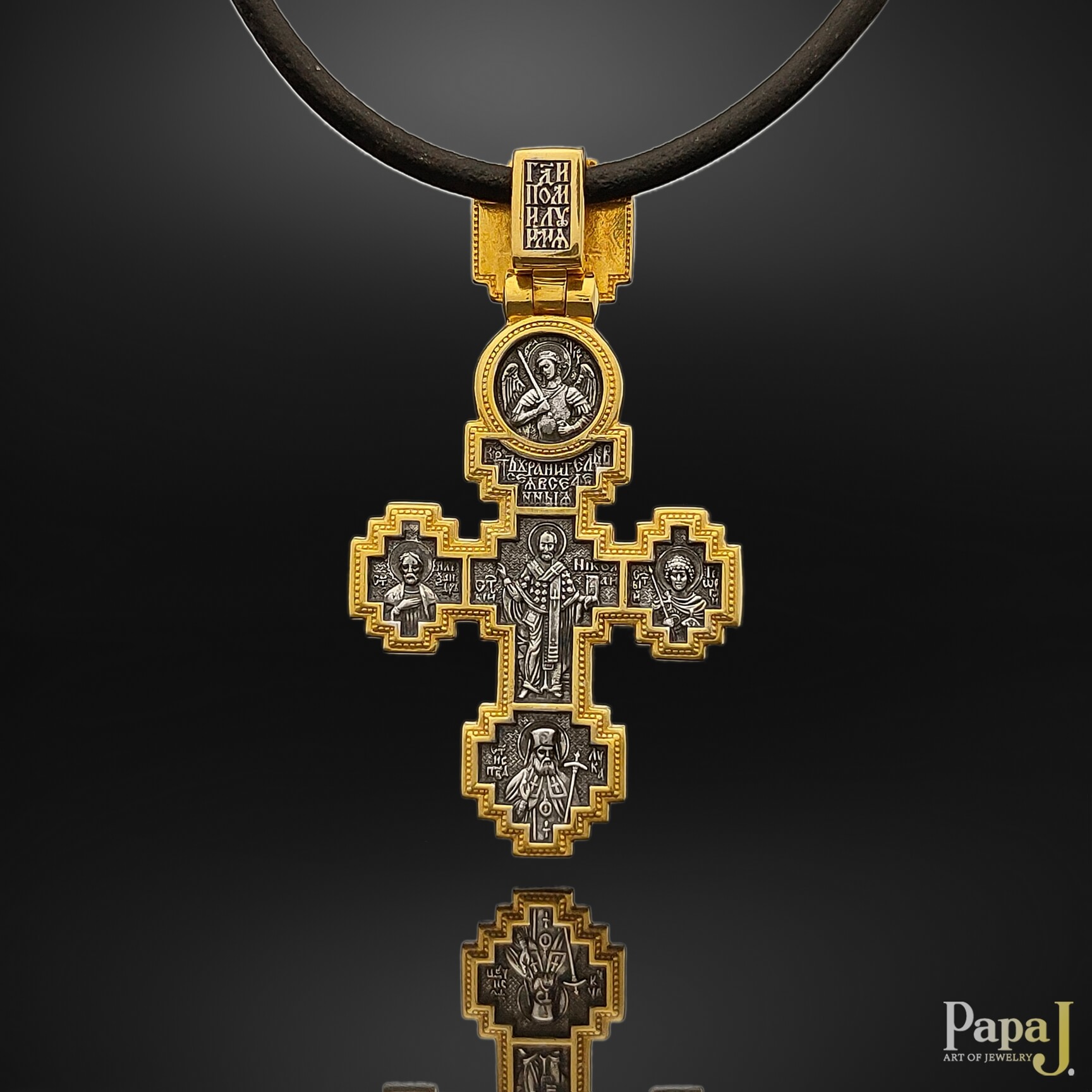 Серебряный православный крест с позолотой, святитель Николай Чудотворец, Ангел Хранитель, князь Александр Невский, святой Георгий Победоносец, святитель Лука Крымский