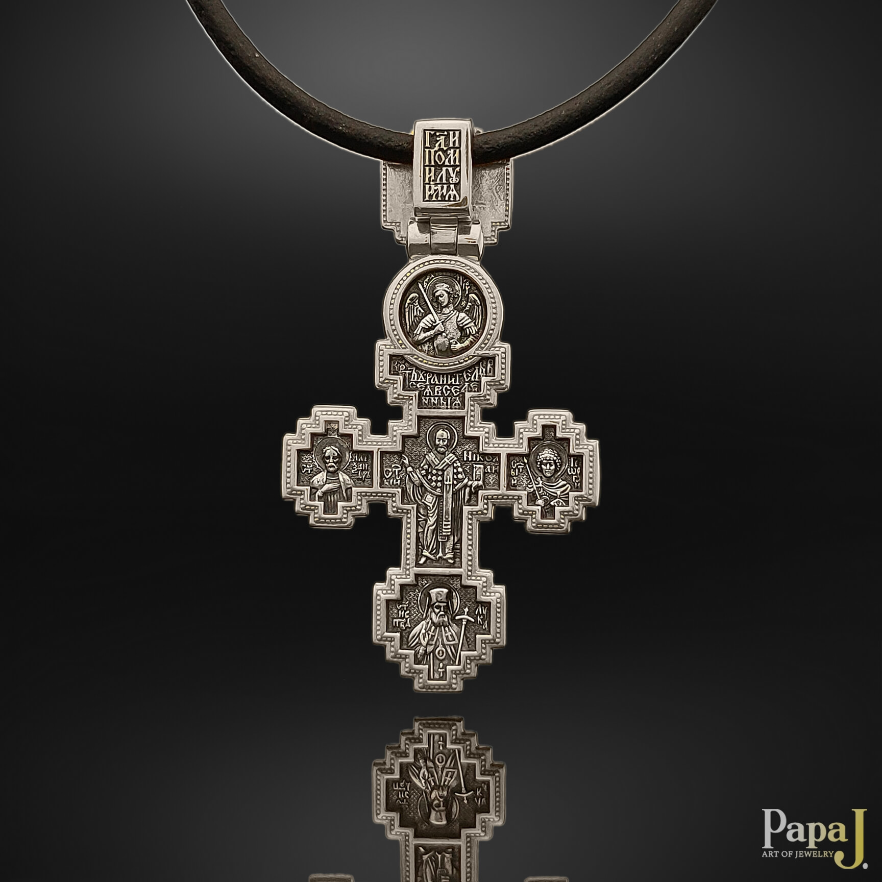 Серебряный православный крест с позолотой, святитель Николай Чудотворец, Ангел Хранитель, князь Александр Невский, святой Георгий Победоносец, святитель Лука Крымский