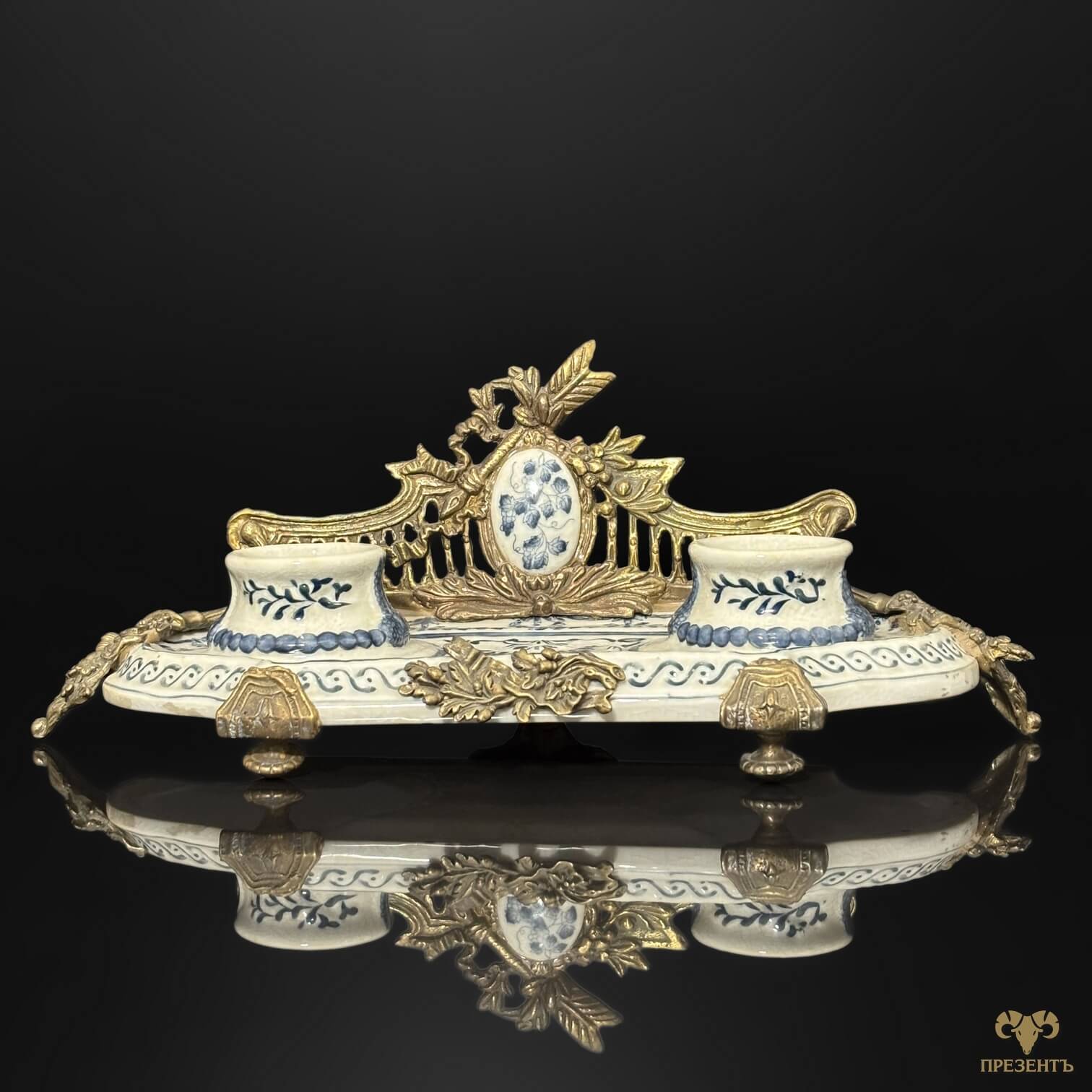 Антикварная чернильница с фарфоровыми резервуарами для чернил, Винтажный письменный набор для каллиграфии и роскошного декора