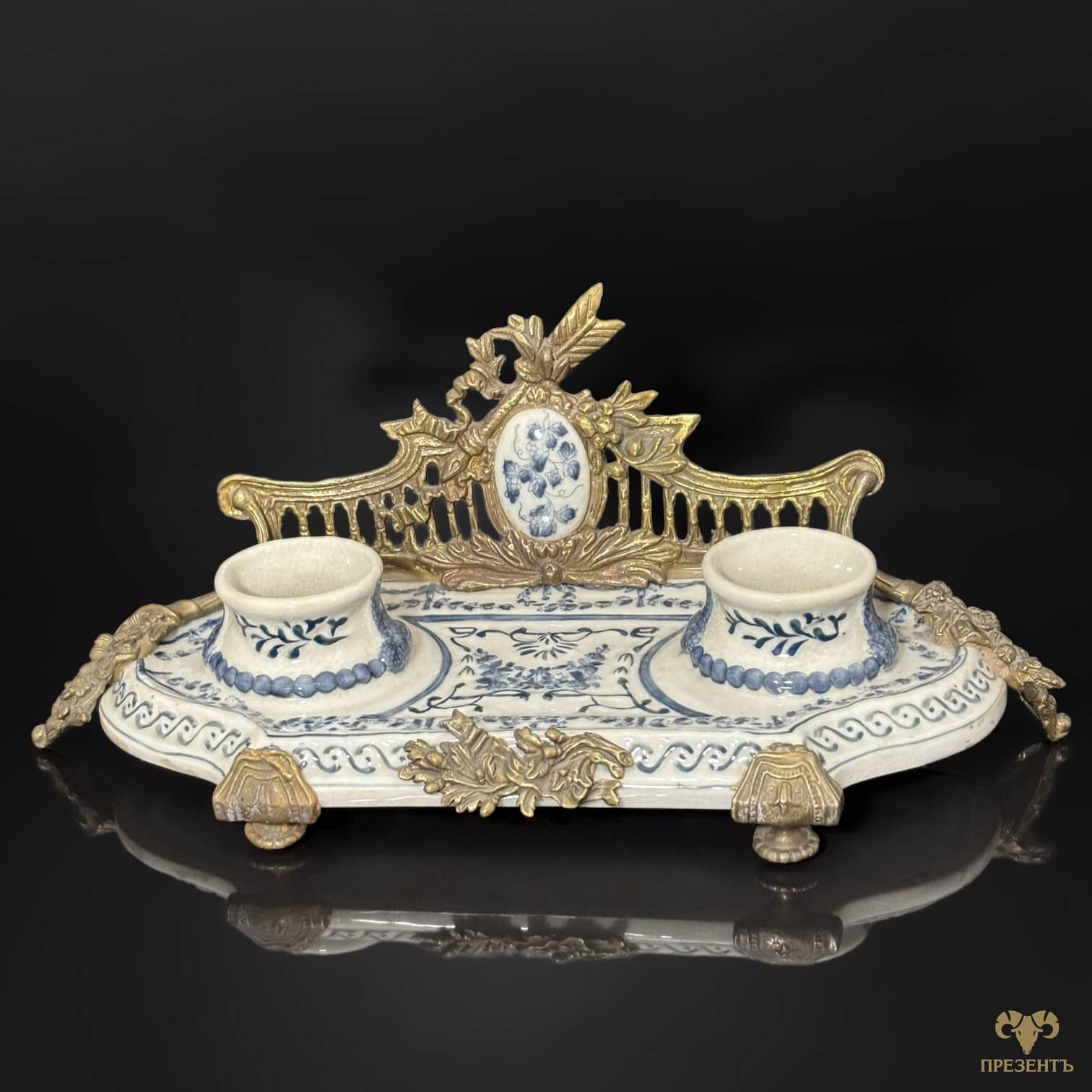 Бронзовая основа чернильницы с изящными рельефными украшениями, Ретро чернильница с подставкой для пера, элегантный аксессуар для кабинета