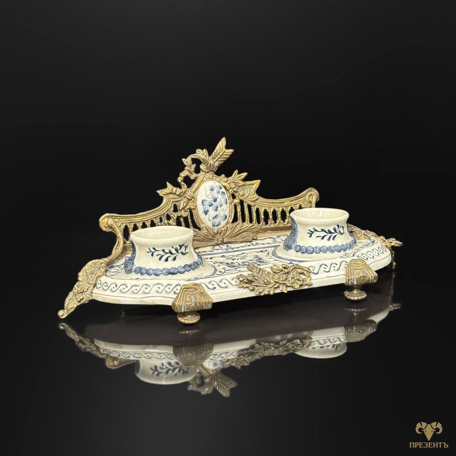 Антикварный письменный аксессуар с голубыми цветочными узорами, Декоративная старинная чернильница для коллекционеров и знатоков антиквариата