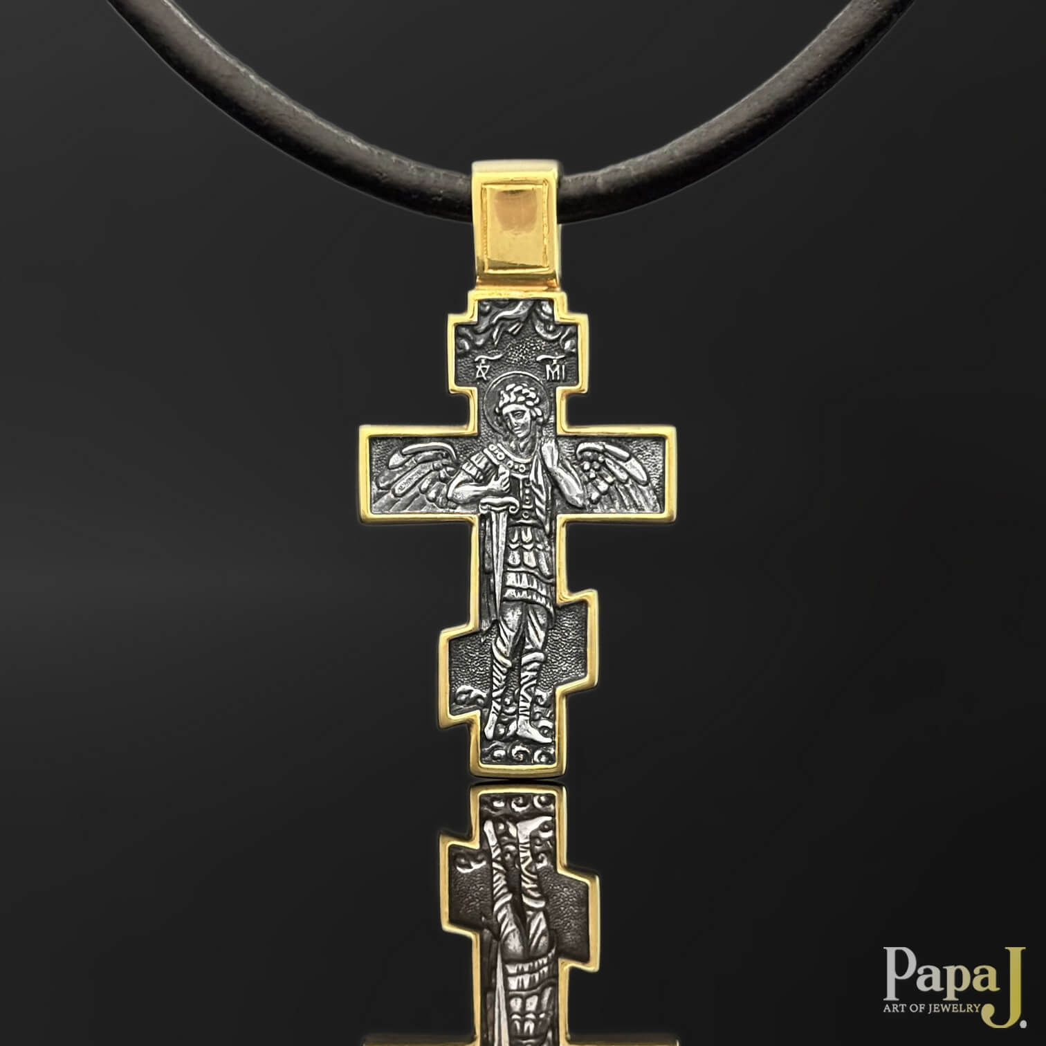 Позолоченный серебряный крест с чернением Распятие и Архангел Михаил